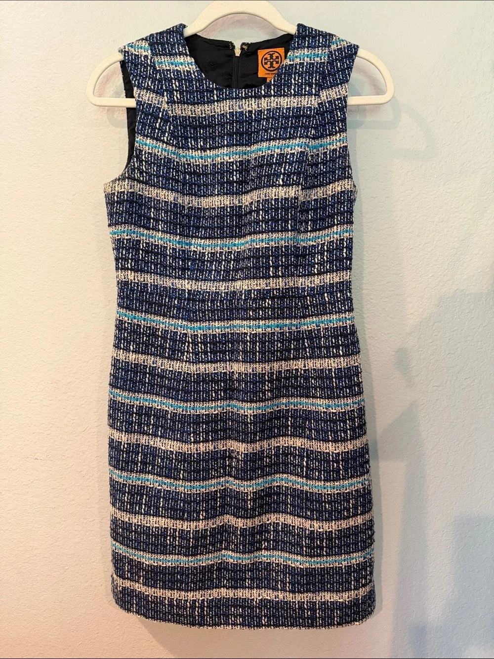 Tory Burch Striped Tweed Sheath Dress in Navy, Cream & Aqua